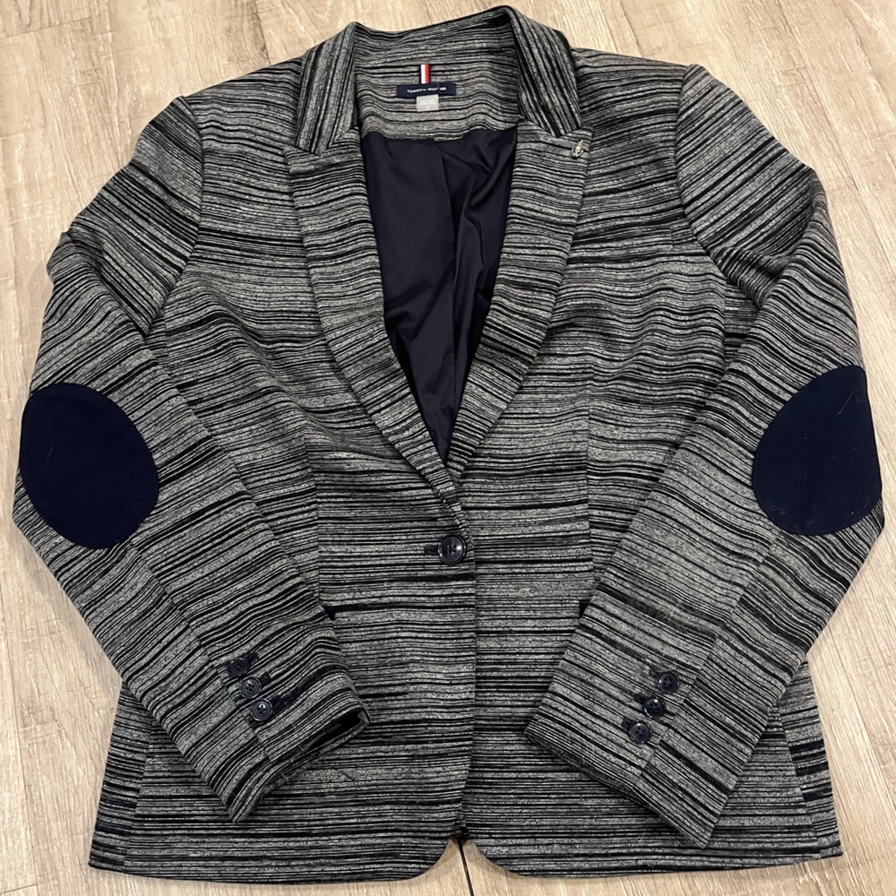 Tommy Hilfiger Gray Striped Blazer with Navy Elbow Patches